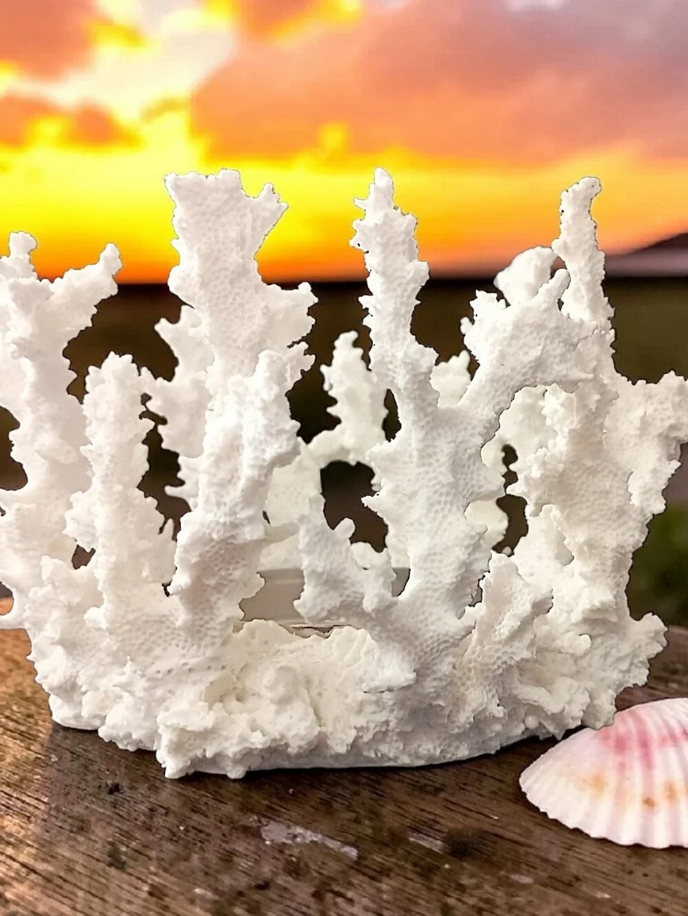 Pottery Barn Faux Coral Candle Holder Pillar White Resin Beach House Coastal